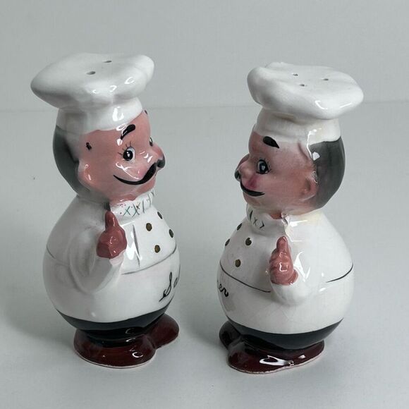 Vintage Japan Made Italian Chef Salt And Pepper Shakers 4.5" Black White Ceramic - Picture 5 of 8